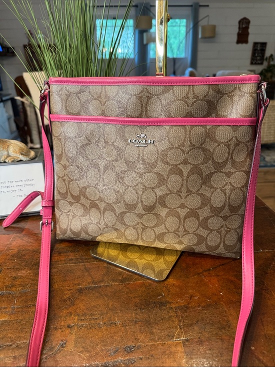 Coach Handbags - Coach Brown Signature Crossbody with Pink Trim